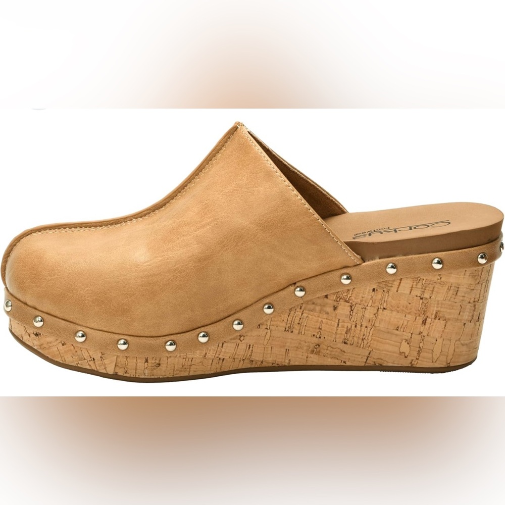 Corkys Tan Cork Wedge Studded Clog Mules